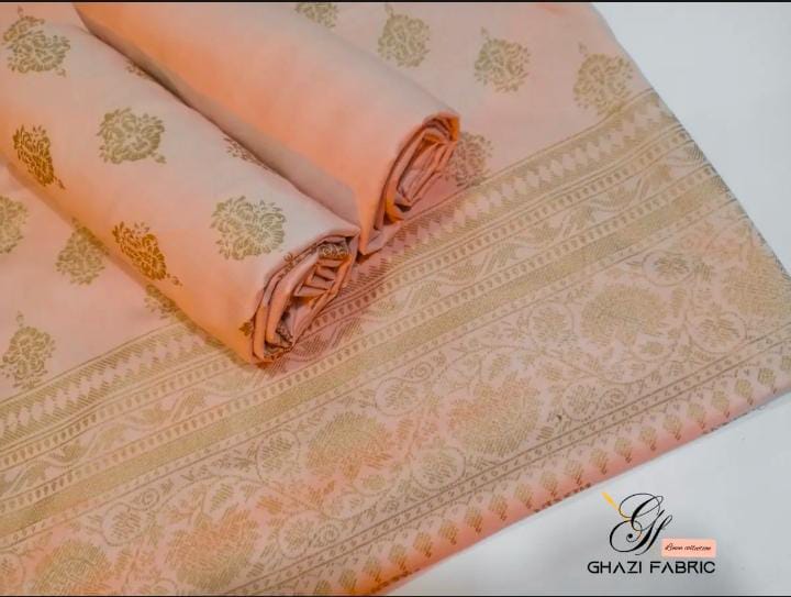 Ghazi Fabric Un-Stitched 3 Piece Suit Or Women New Linen Collection New Looks Prints Light Peach Color