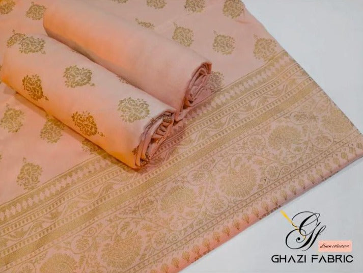 Ghazi Fabric Un-Stitched 3 Piece Suit Or Women New Linen Collection New Looks Prints Light Peach Color