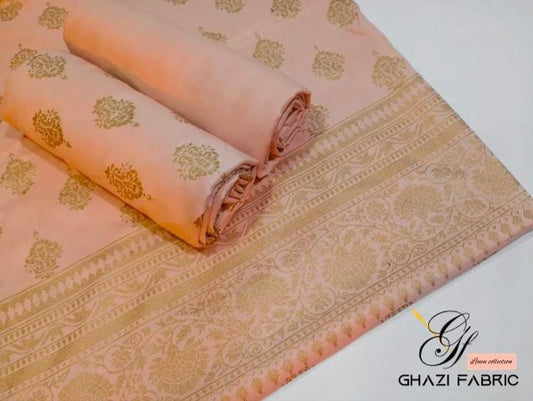 Ghazi Fabric Un-Stitched 3 Piece Suit Or Women New Linen Collection New Looks Prints Light Peach Color