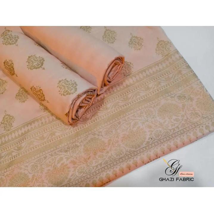 Ghazi Fabric Un-Stitched 3 Piece Suit Or Women New Linen Collection New Looks Prints Light Peach Color