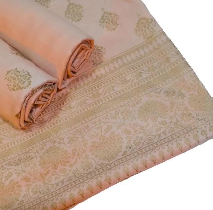 Ghazi Fabric Un-Stitched 3 Piece Suit Or Women New Linen Collection New Looks Prints Light Peach Color
