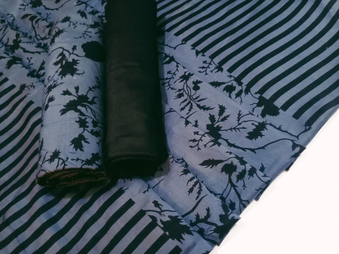 Ghazi Fabric Un-Stitched 3 Piece Suit Or Women New Linen Collection New Looks Prints Grey With Black Color