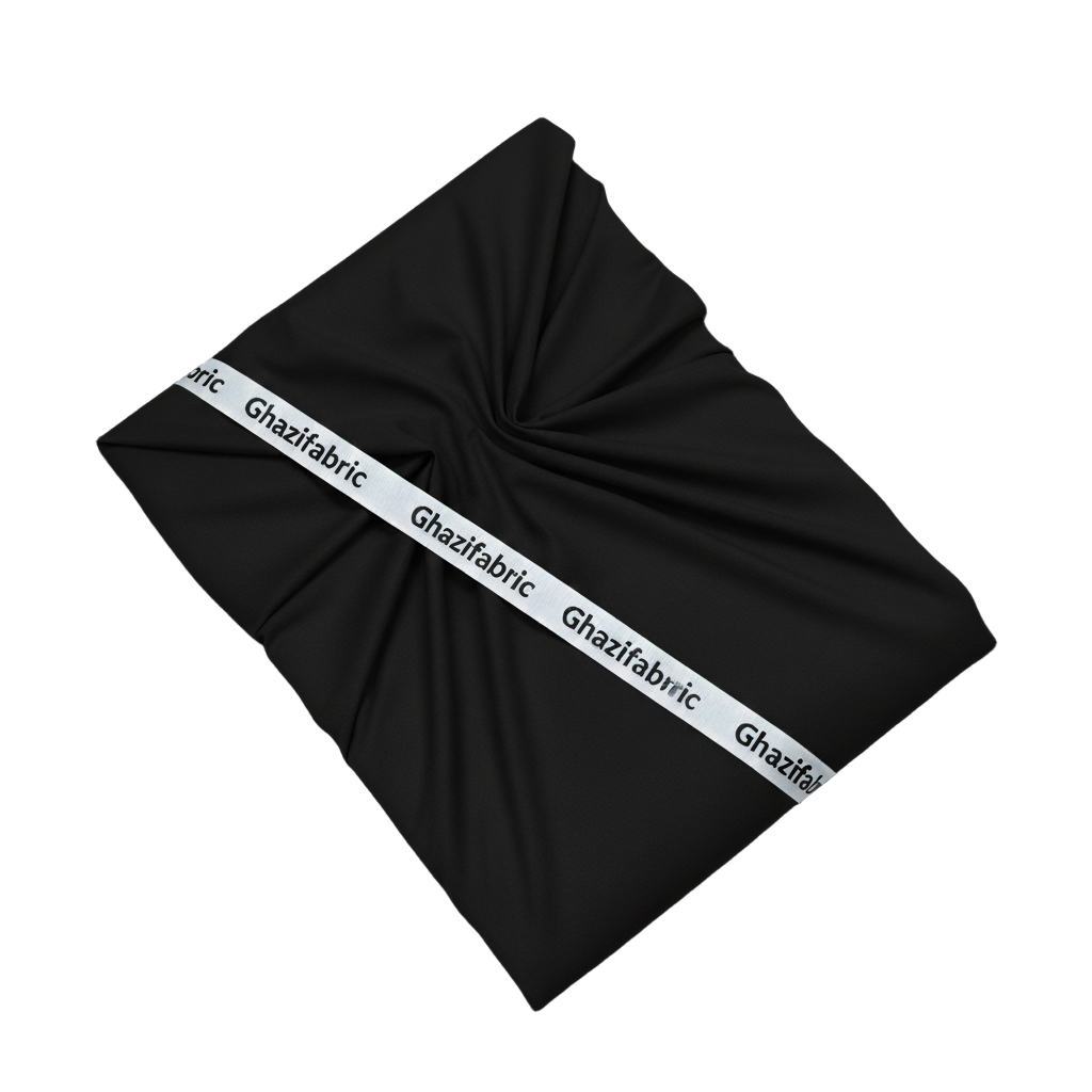 Black fabric with 'Ghazifabric' label on a black background