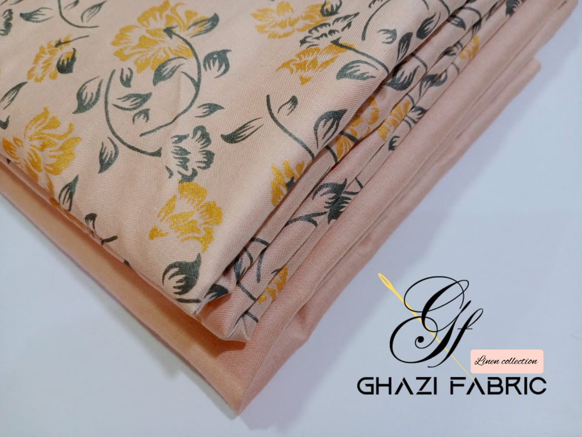Ghazi fabric Unstitched Linen 2 piece suit for women print shirt plain trouser light peach GFTD45675