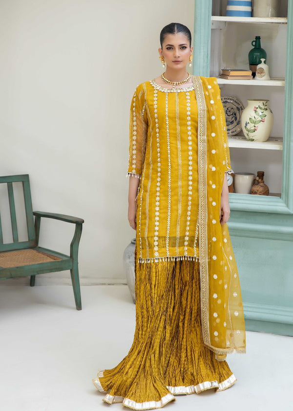 Ghazi Fabric Stitched Ready To Wear Organza Stitched 3Piece With Handmade Peal Work (GO905)
