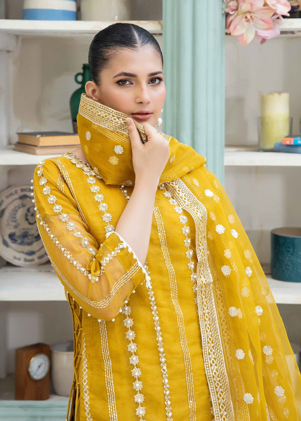Ghazi Fabric Stitched Ready To Wear Organza Stitched 3Piece With Handmade Peal Work (GO905)