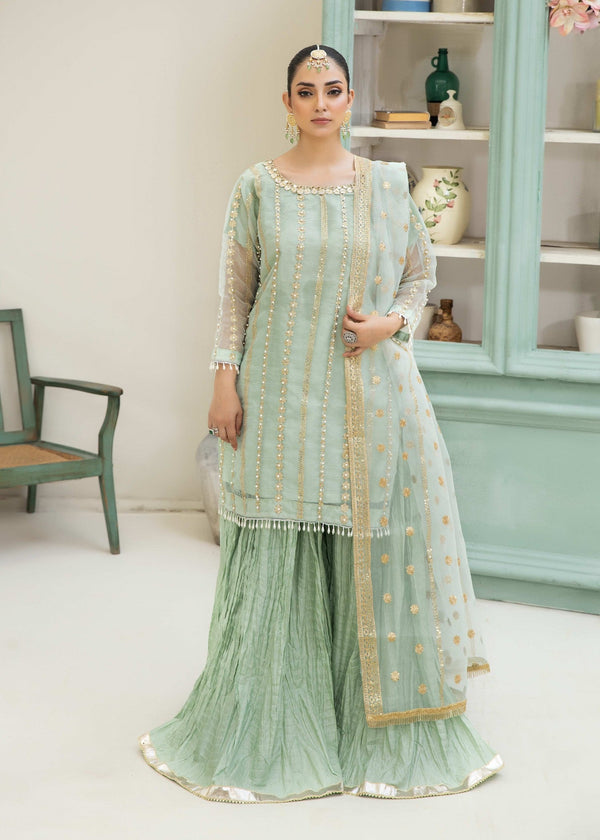 Ghazi Fabric Stitched Ready To Wear Organza Stitched 3Piece With Handmade Peal Work (GO905)