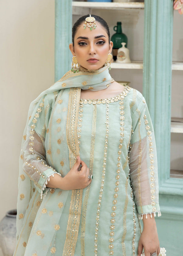 Ghazi Fabric Stitched Ready To Wear Organza Stitched 3Piece With Handmade Peal Work (GO906)