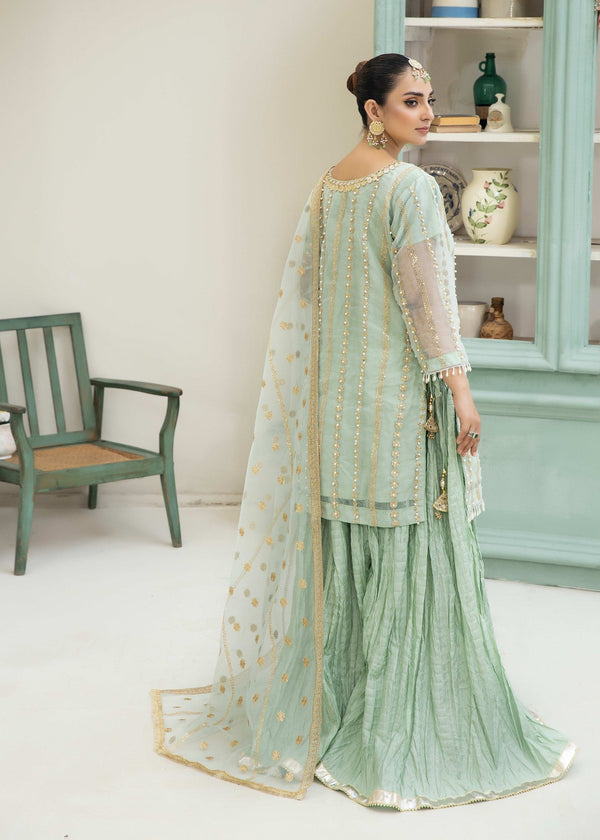 Ghazi Fabric Stitched Ready To Wear Organza Stitched 3Piece With Handmade Peal Work (GO906)