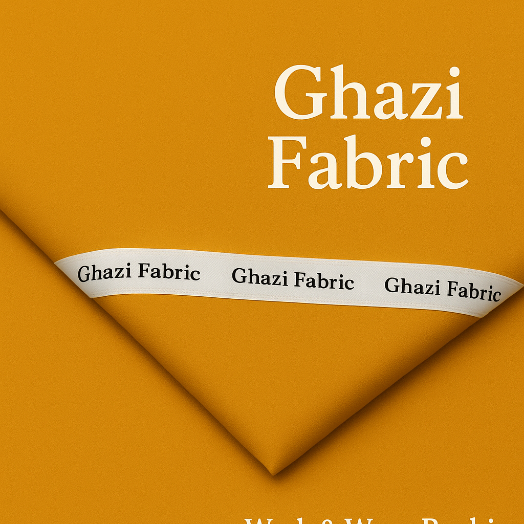 Ghazi Fabric packaging with a mustard yellow background
