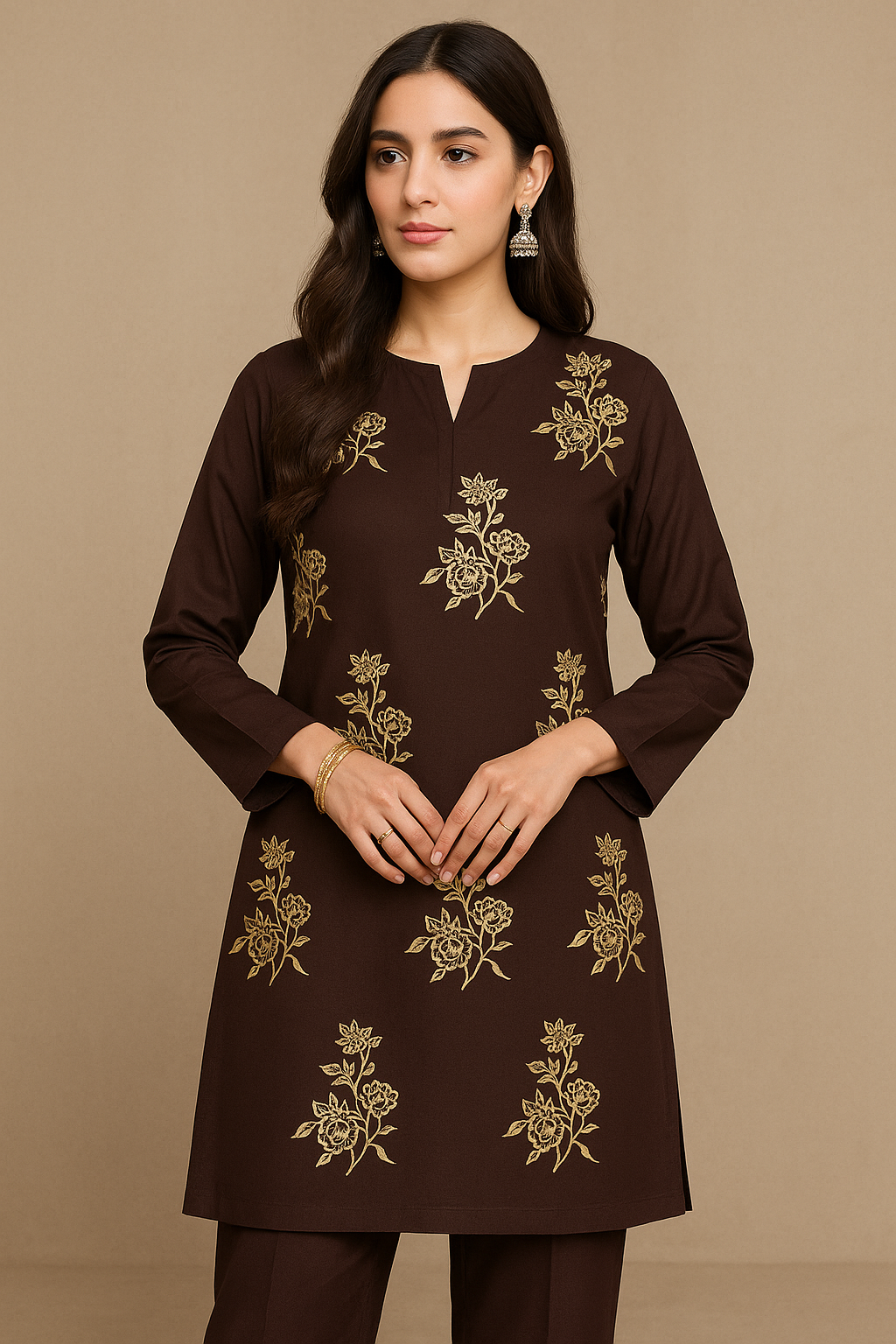 Brown unstitched lawn 2-piece suit – Pakistani women's summer outfit