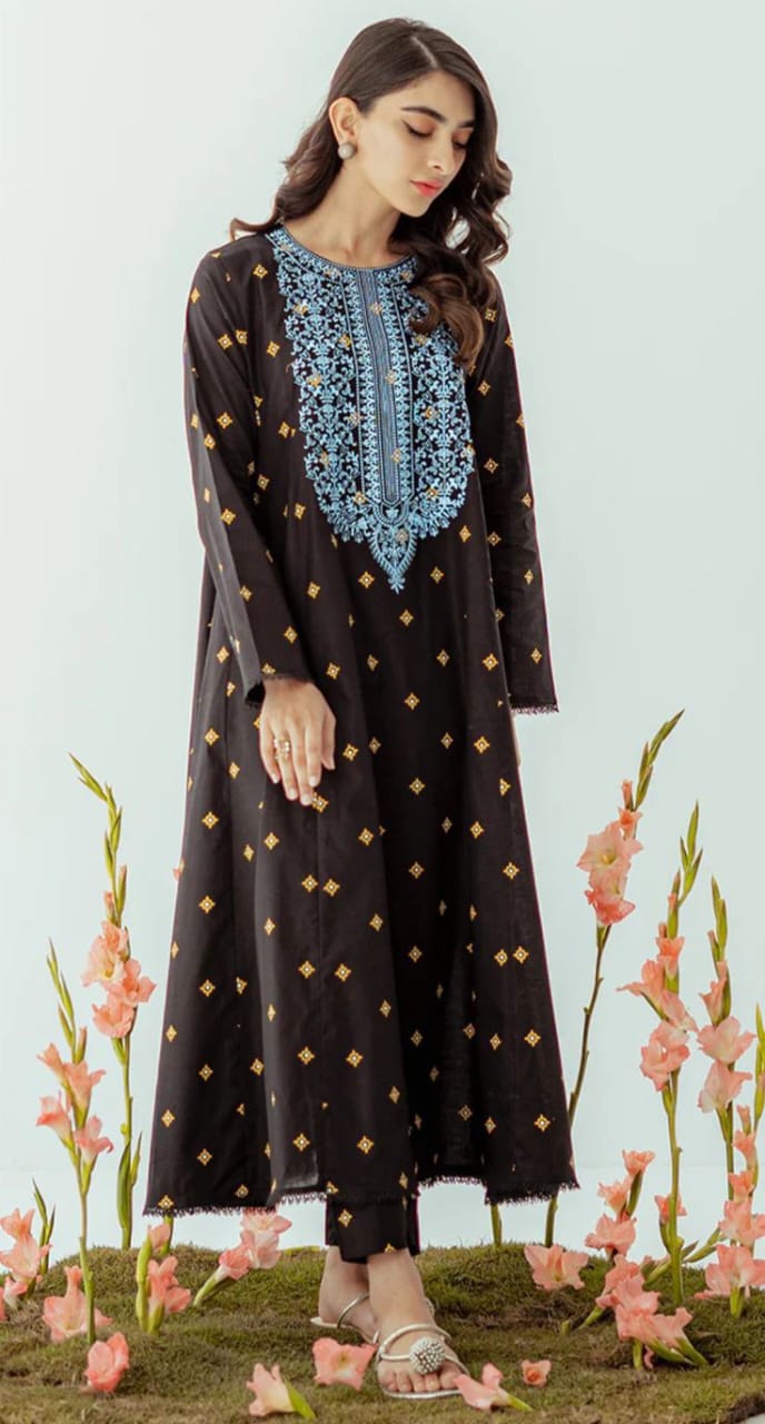 Ghazi fabric Stitched Linen Long Frock ready to wear pret collection linen stitched dress for women