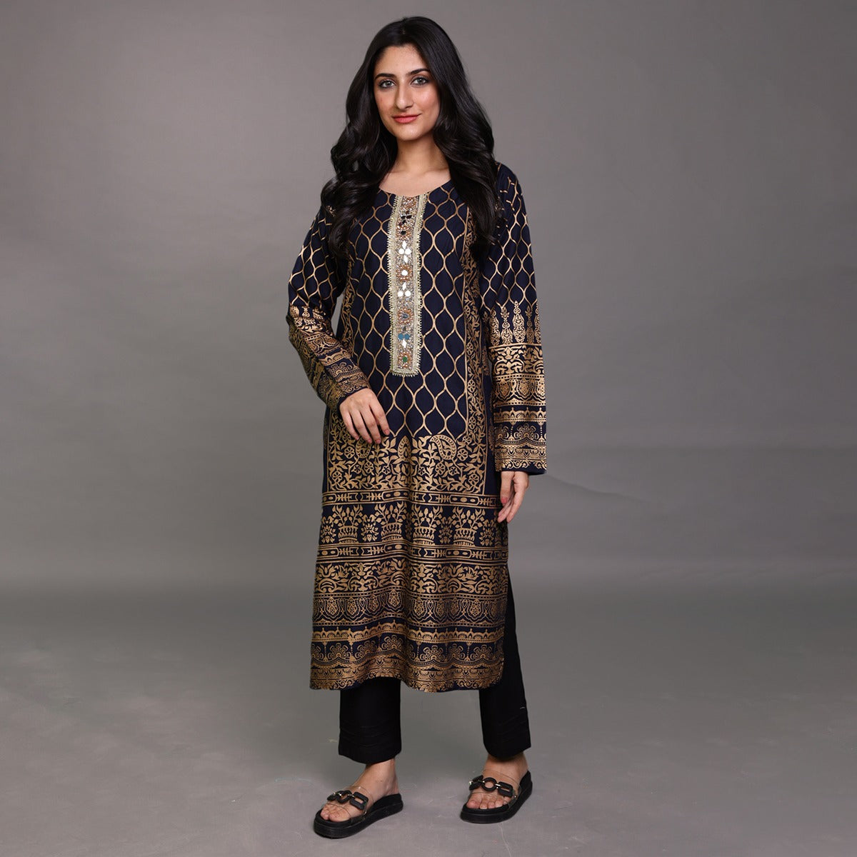 Ghazi fabric Stitched Linen Shirt Ready To Wear Printed shirt With Hand Work