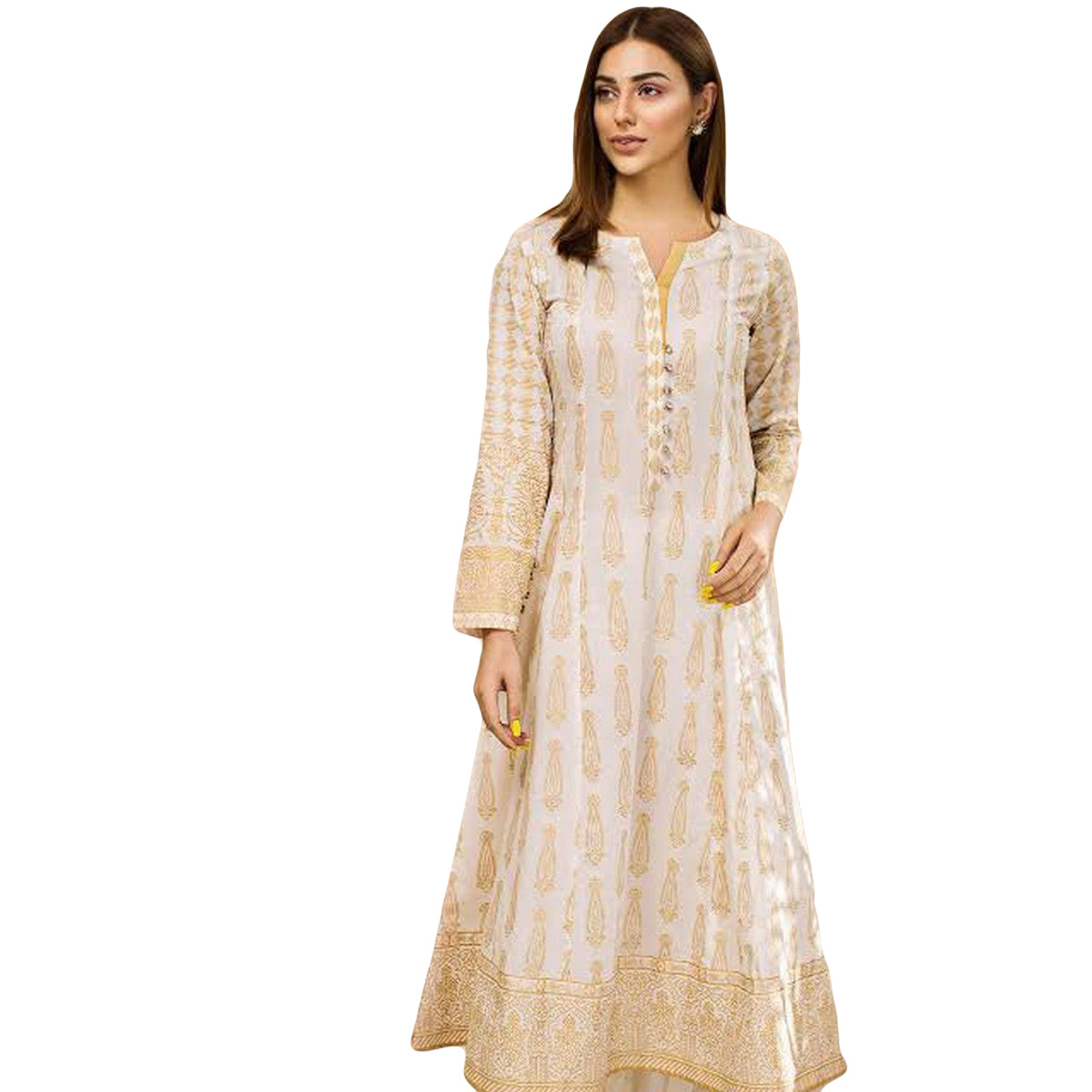 Ghazi fabric Rungrez Collection Stitched 1 Piece Long Frock For Women Linen Off-White Long Frock Ready To Wear Linen Collection