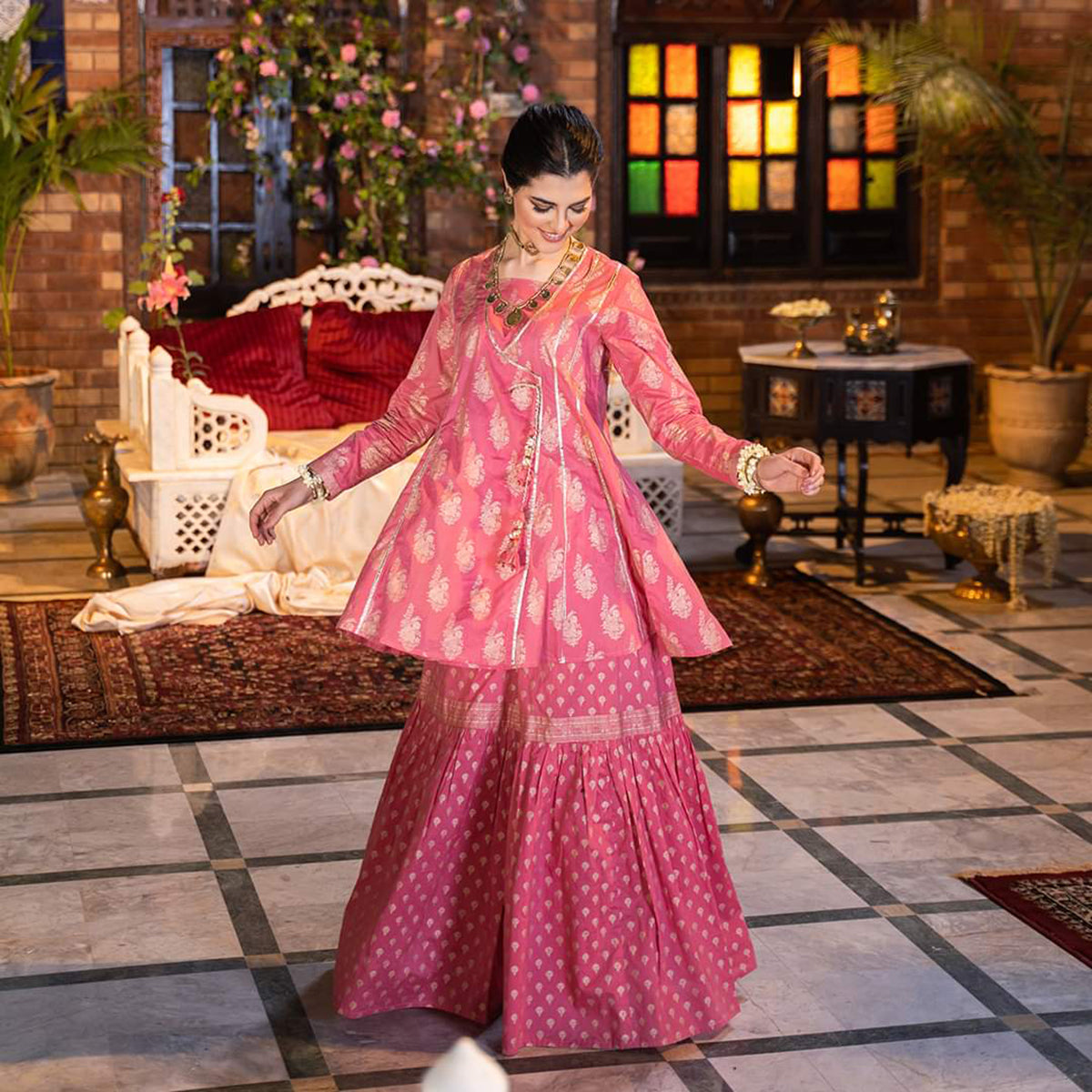 Ghazi fabric Ready To Wear Women's Ethnic Wear Designer Stitched Shalwar Kameez Sharara Style Suite For Women Tea Pink (GTS5129)