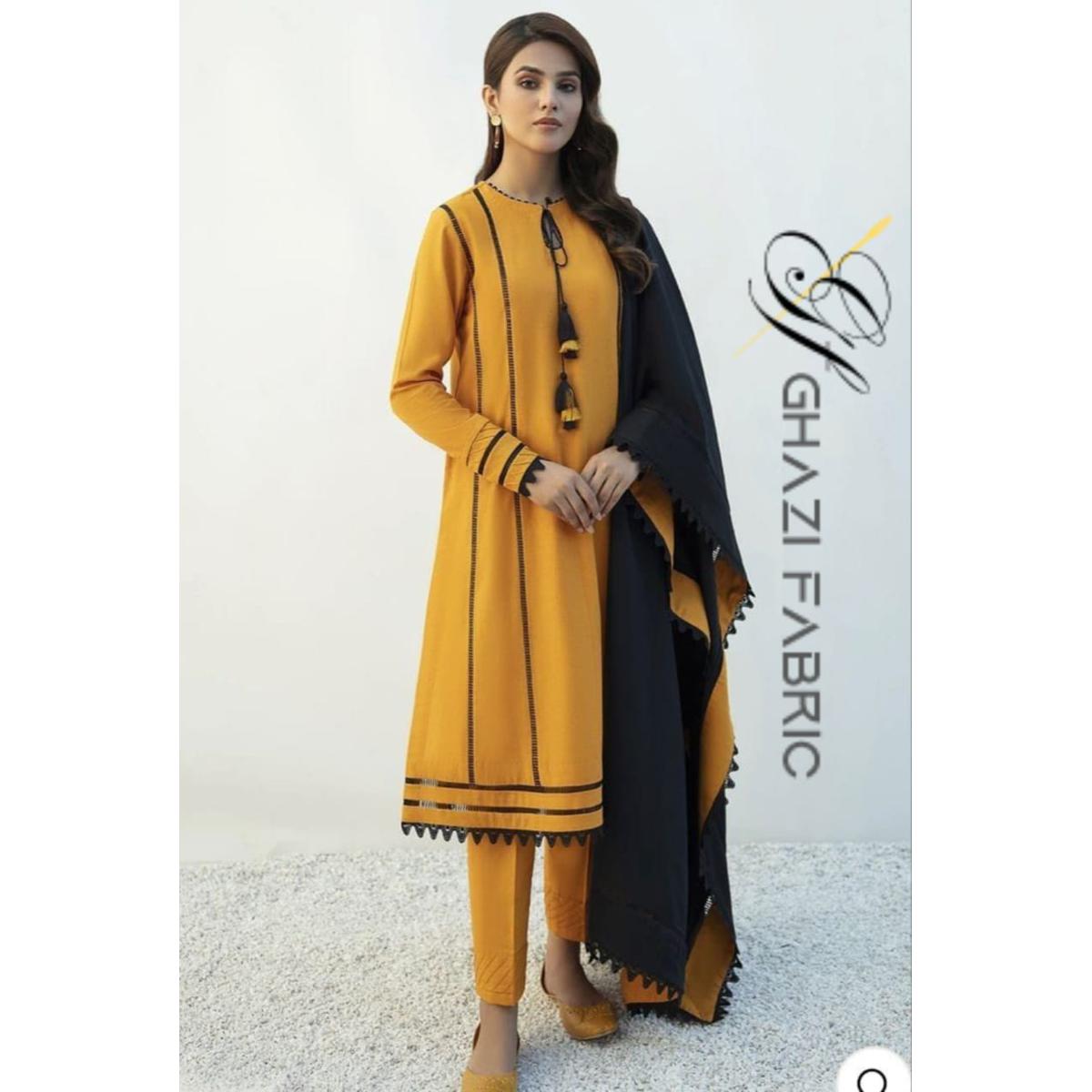 Ghazi fabric Linen Collection Rungrez Stitched 2 Piece mustard Linen Long Shirt with Trouser