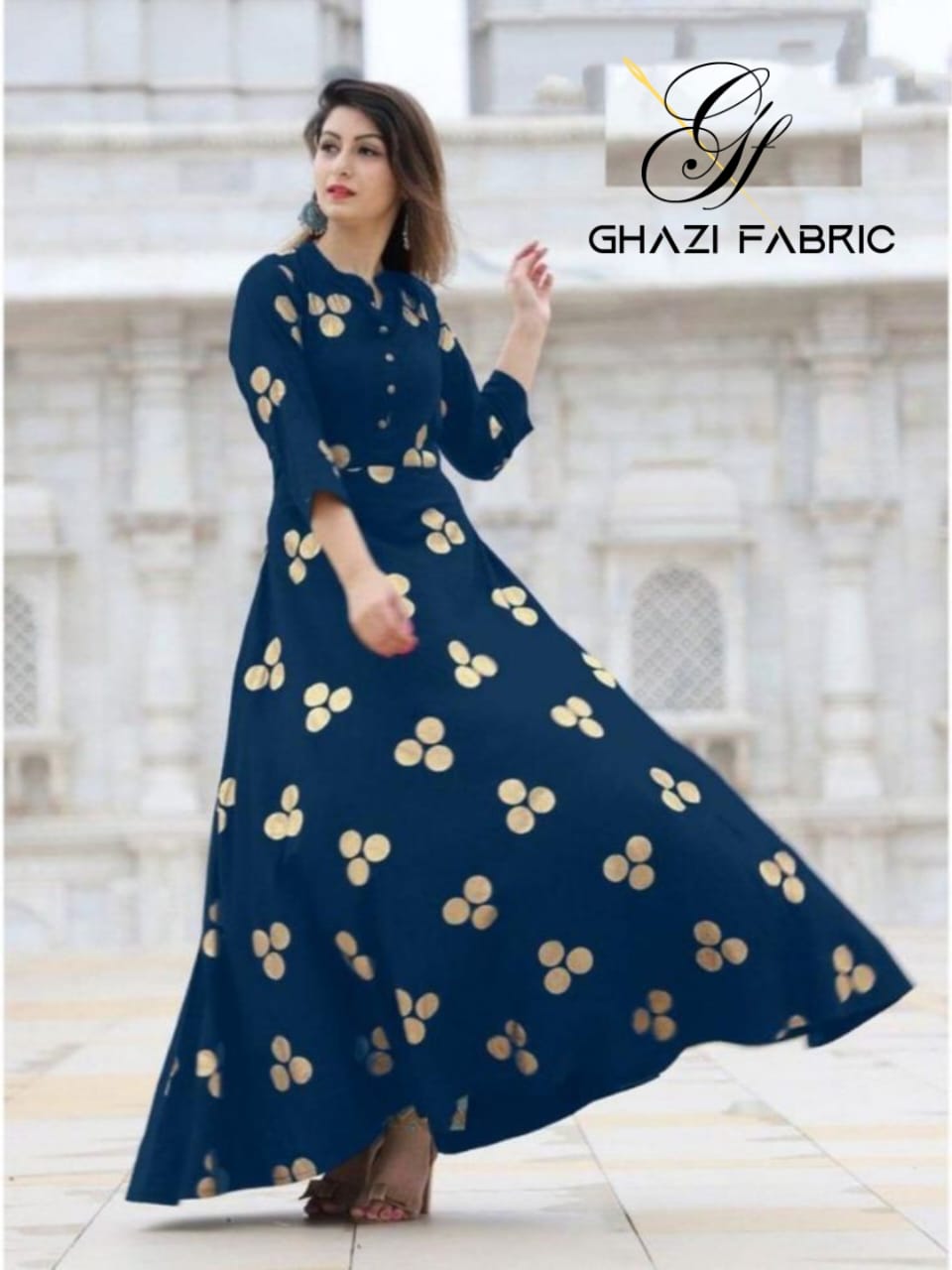Ghazi fabric Rungrez print stitch Collection Stitched Linen navyblue Long Frock with polka print