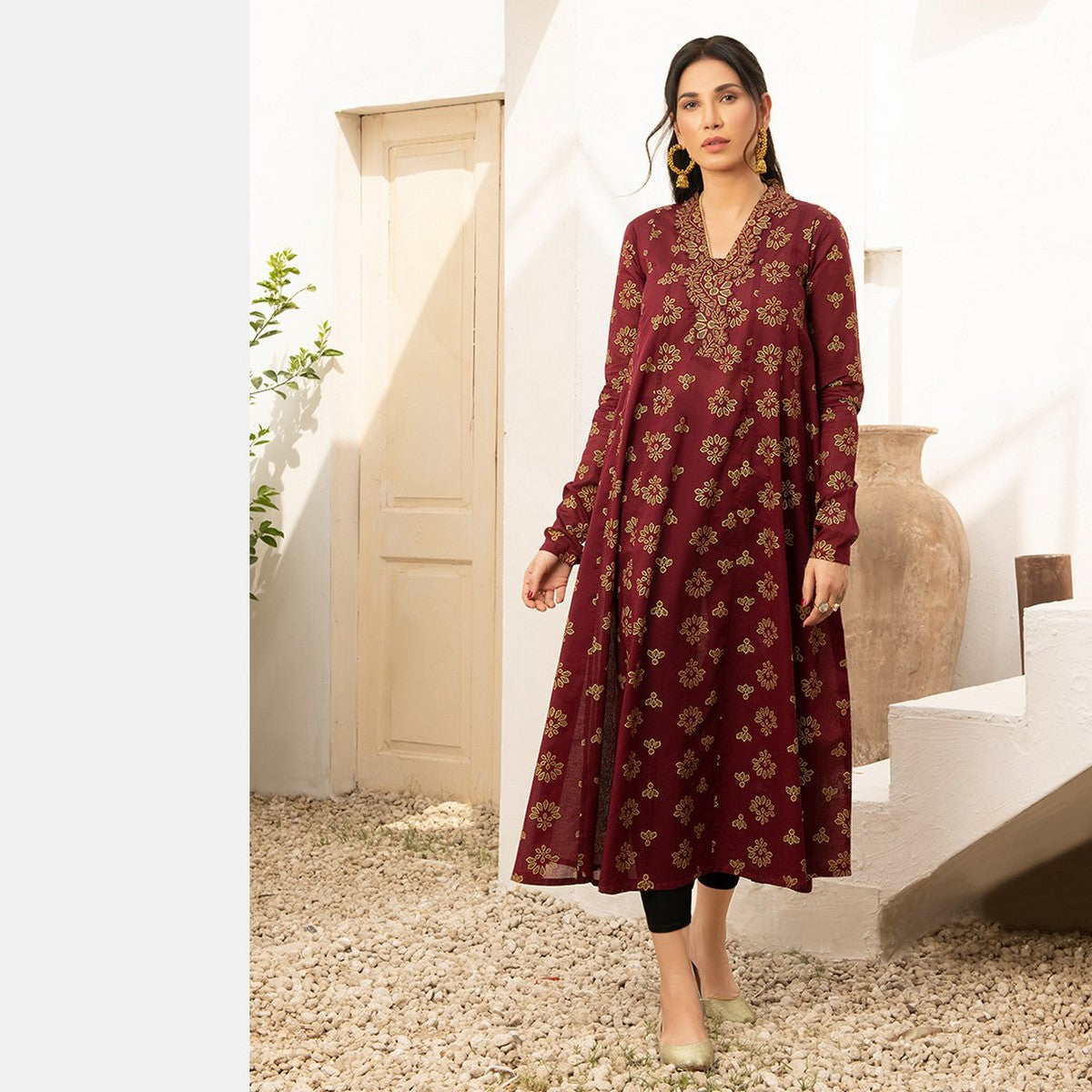 Ghazi fabric Stitched Linen Printed Long Frock Gull-E-Maryam Pret Collection Ready to Wear Maroon(GF4309)