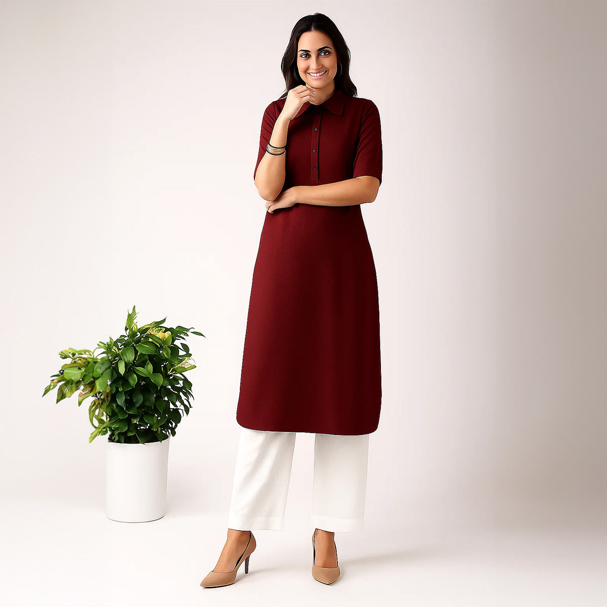 Ghazi fabric Rungrez  Collection Stitched 2 Piece Linen Maroon Long shirt with White Trouser
