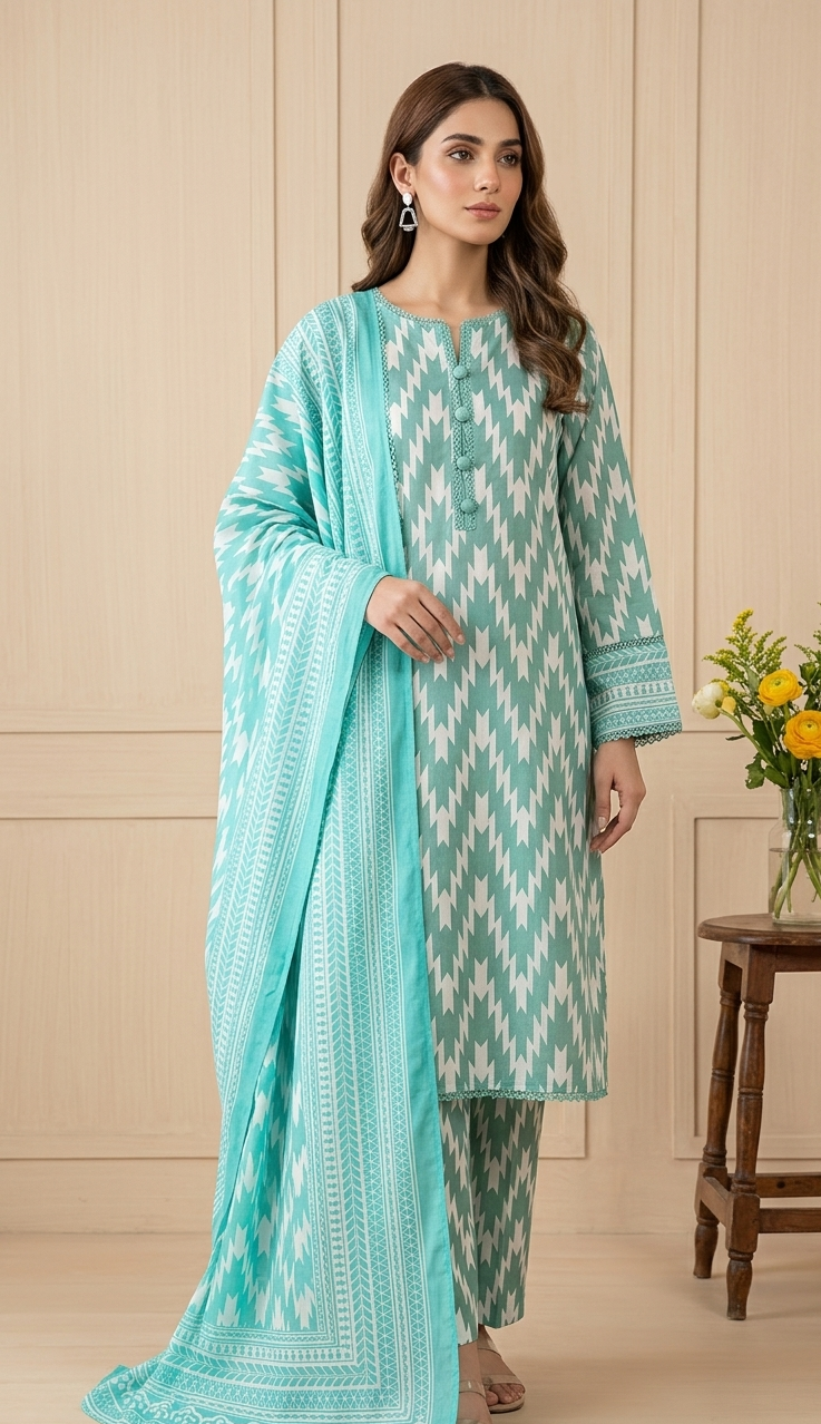 Woman in a teal and white patterned outfit with a matching dupatta, standing against a beige wall.