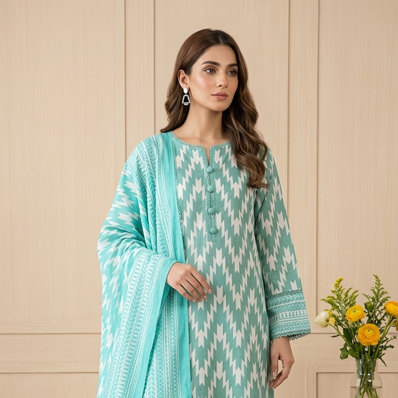 3-Piece Cambric Lawn Suit | Korean Cambric + Chiffon Dupatta | Ghazi Fabric