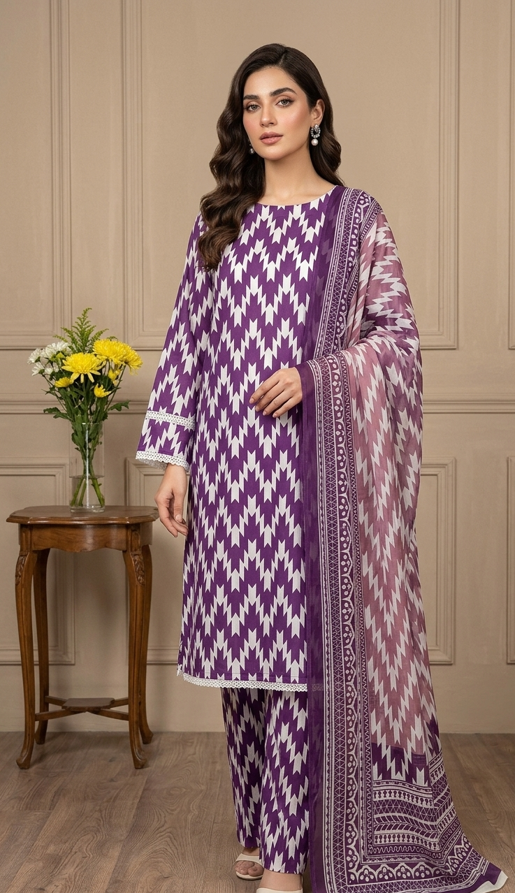 Woman wearing a purple and white patterned outfit in a room with a wooden table and flowers.