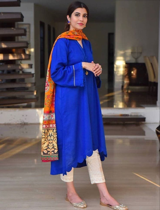 Ghazi fabric Rungrez stitched linen Collection Stitched 2 Piece Linen Royal blue frock with skin Trouser ready to wear only  Ukseries 2343