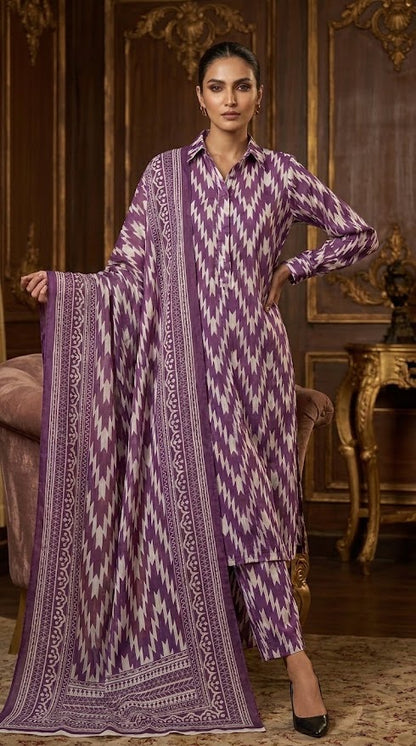 Ghazi Fabric | 3-Piece  Grip Suit | Shirt & Trouser with Chiffon Dupatta | Unstitched Crepe Collection
