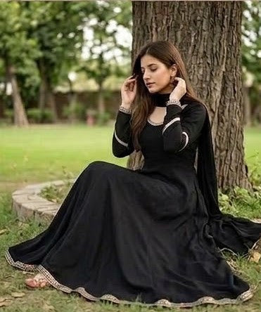 Ghazi fabric Stitched Linen Flare Frock with Trouser Black Beauty