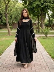 Ghazi fabric Stitched Linen Flare Frock with Trouser Black Beauty