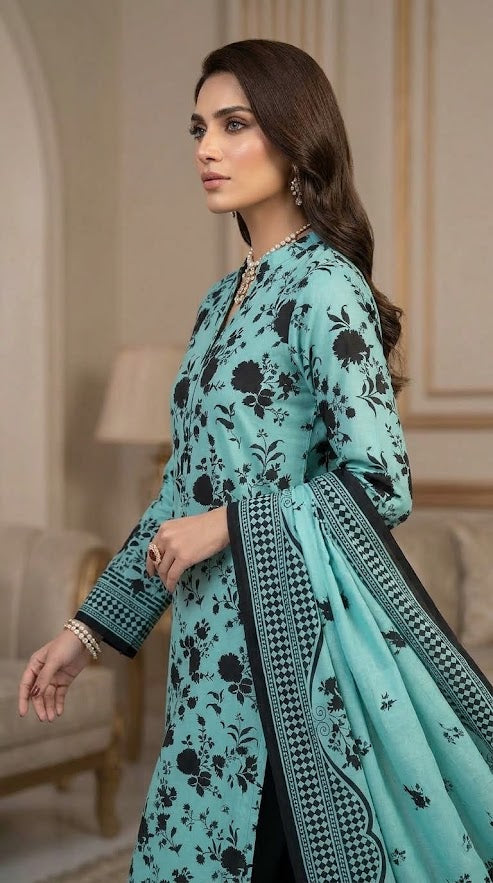 Ghazi fabric Black pearl series Linen Unstitched 3 Piece Suite For sea aqua Women  BP298