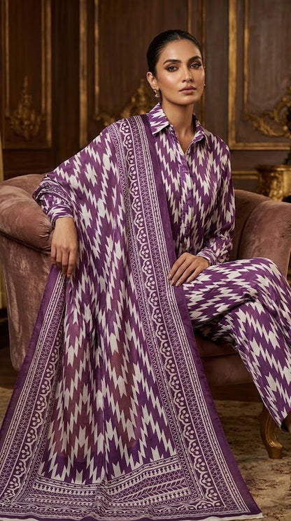 Ghazi Fabric | 3-Piece  Grip Suit | Shirt & Trouser with Chiffon Dupatta | Unstitched Crepe Collection