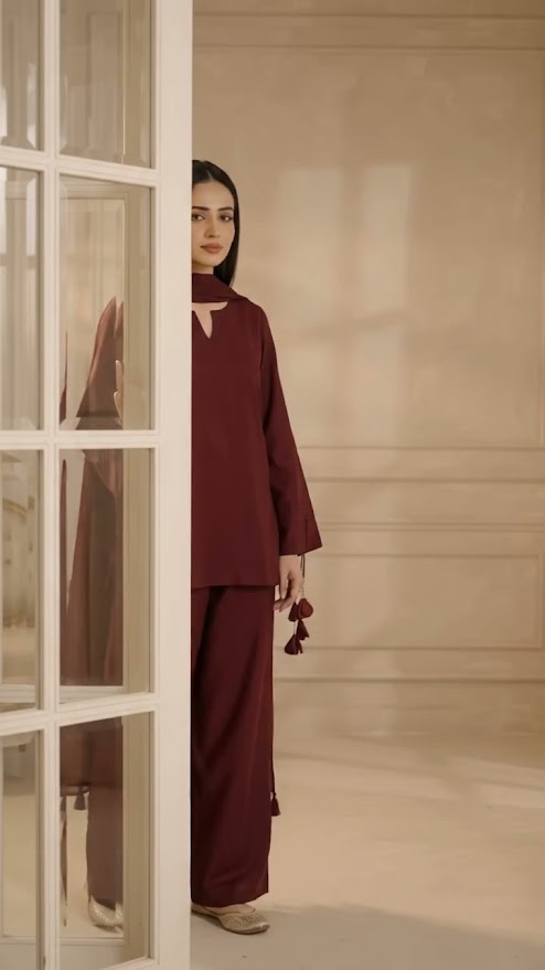 Ghazi Fabric maroon 2 piece stitched suit for women with tassel sleeve detailing