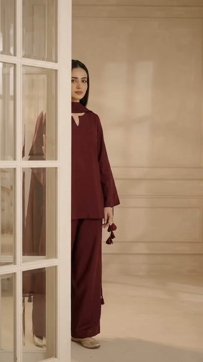 Ghazi Fabric maroon 2 piece stitched suit for women with tassel sleeve detailing