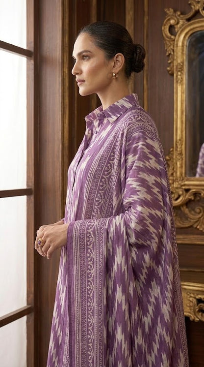 Ghazi Fabric | 3-Piece  Grip Suit | Shirt & Trouser with Chiffon Dupatta | Unstitched Crepe Collection