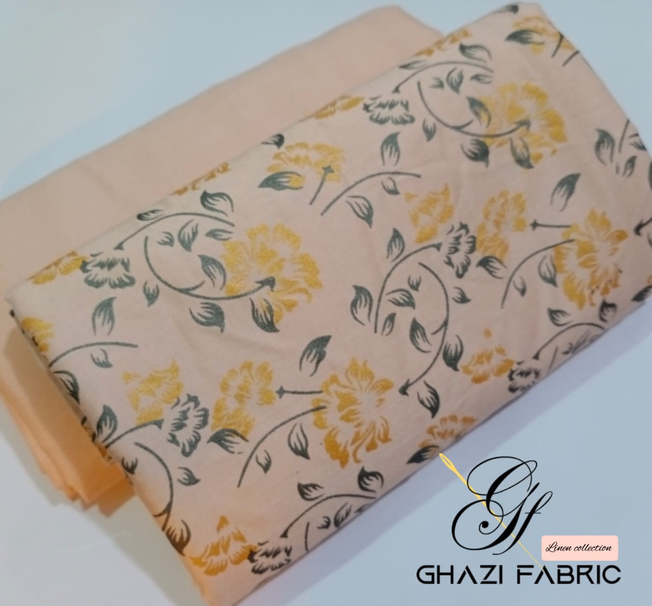 Ghazi fabric Unstitched Linen 2 piece suit for women print shirt plain trouser light peach GFTD45675