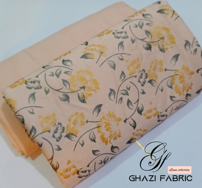 Ghazi fabric Unstitched Linen 2 piece suit for women print shirt plain trouser light peach GFTD45675