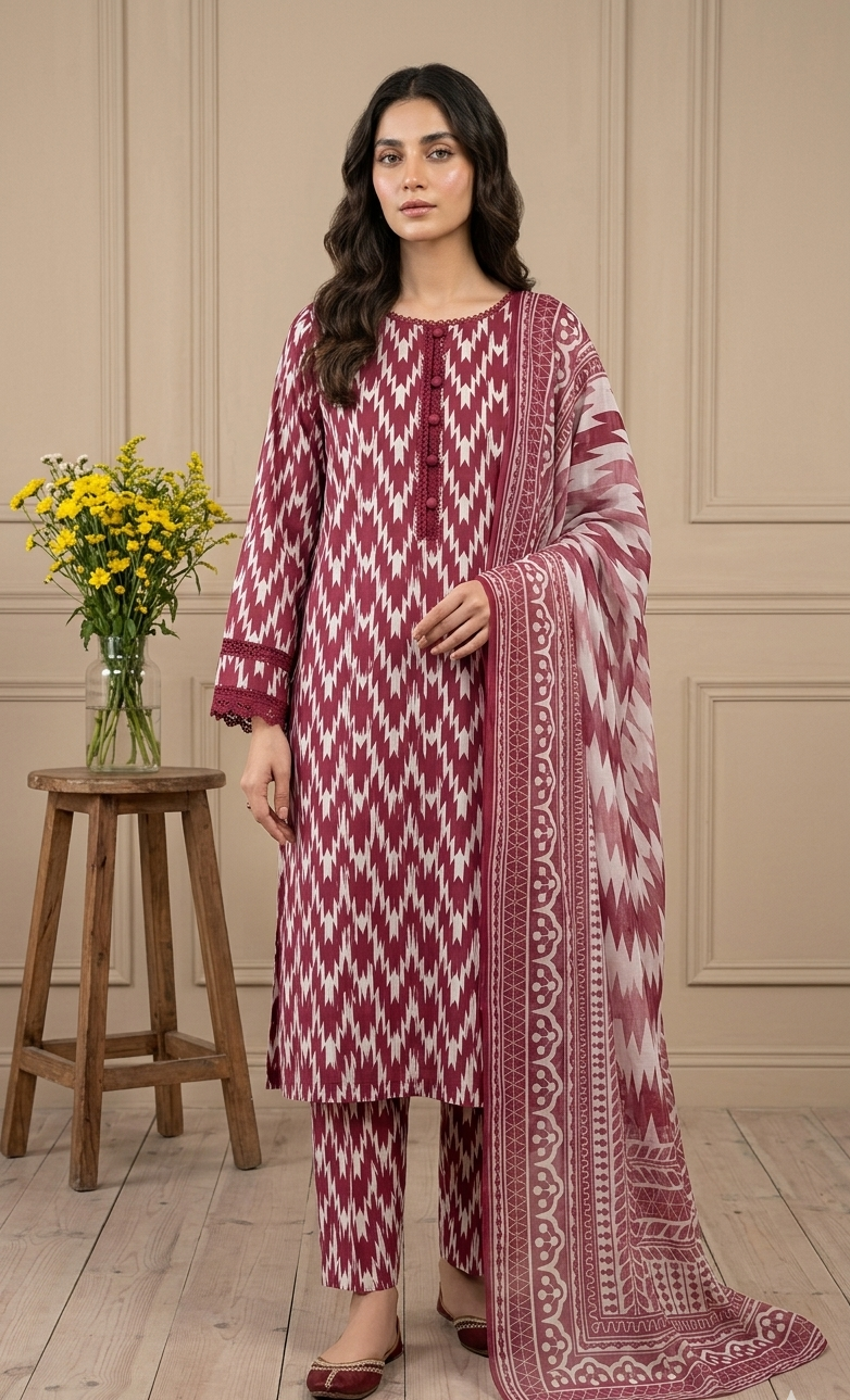 Ghazi Fabric | 3-Piece Cambric Lawn Suit | Shirt & Trouser with Chiffon Dupatta | Unstitched Summer Collection