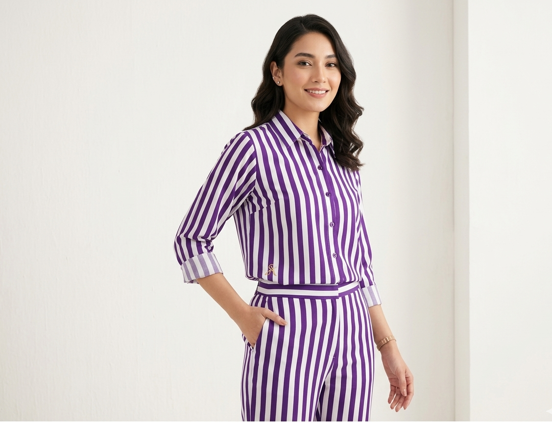Woman wearing a purple and white striped outfit on a plain background