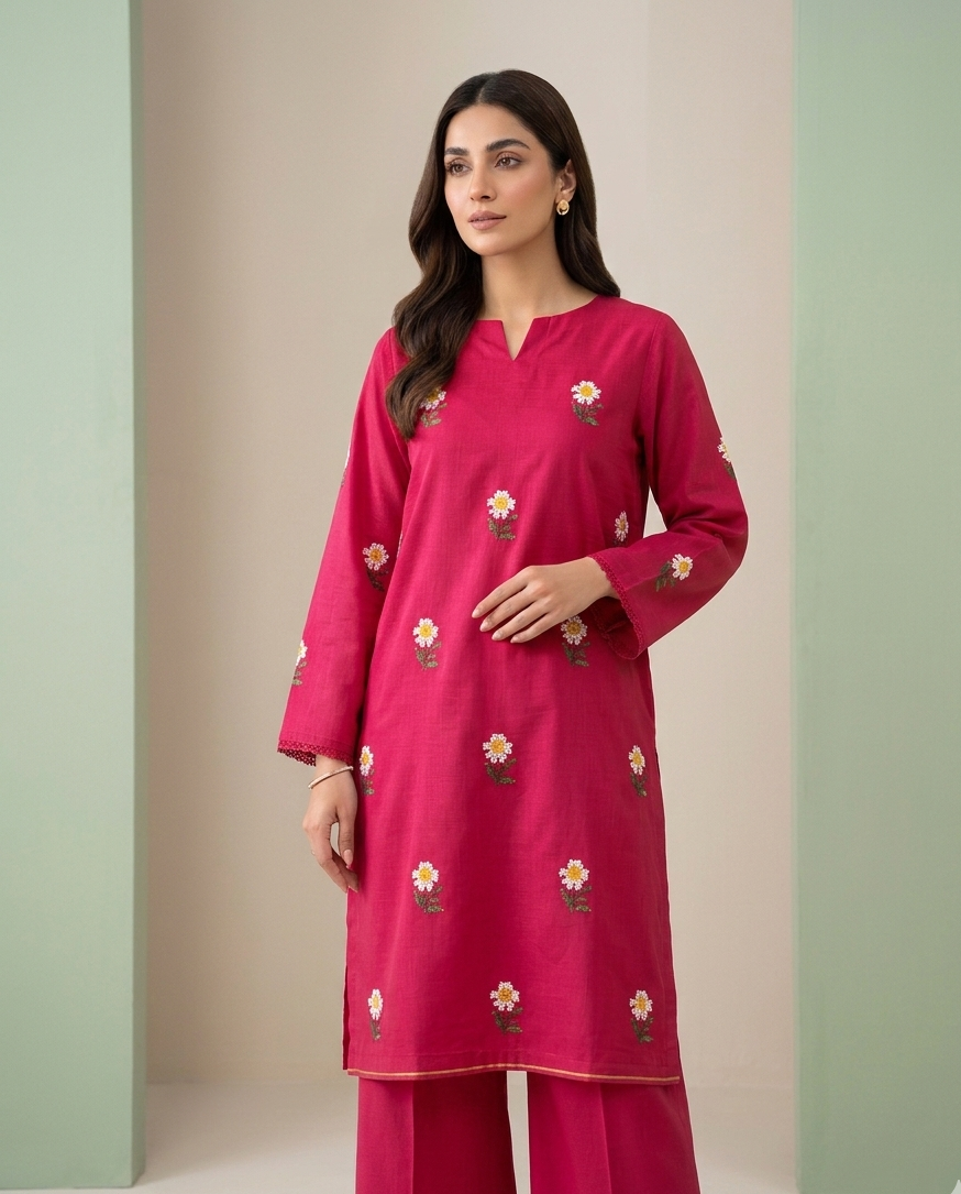 Woman wearing a pink embroidered outfit against a neutral background