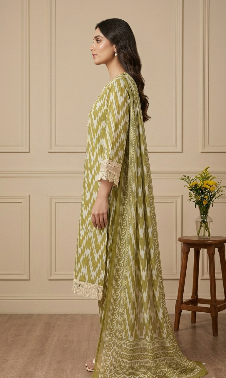 Woman in a green and white patterned outfit standing in a room with wooden flooring and a beige wall.