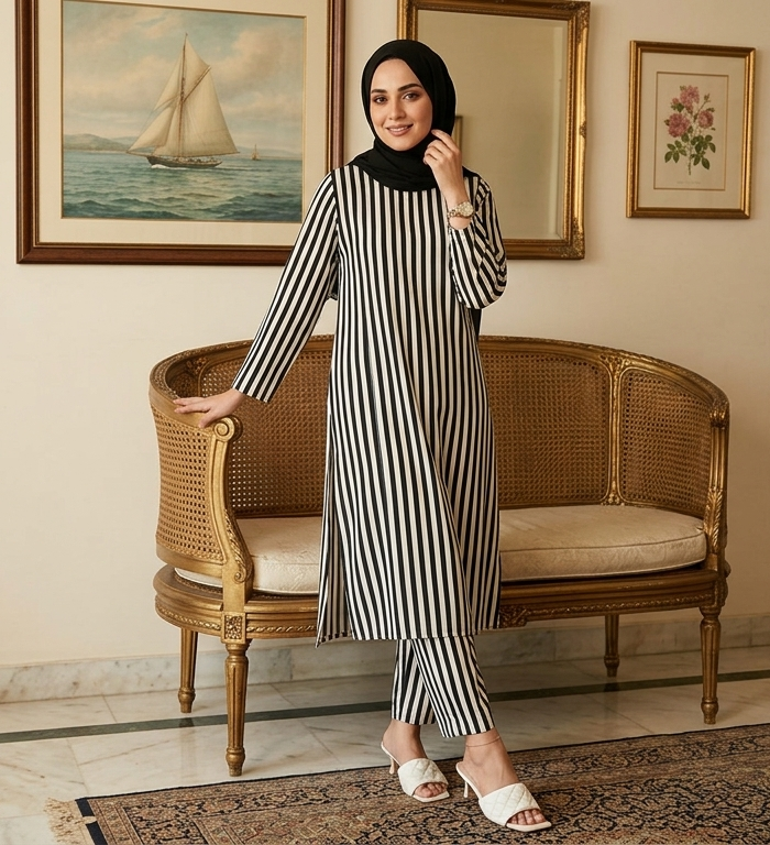 Woman in a striped outfit posing in a room with wicker furniture and framed pictures.