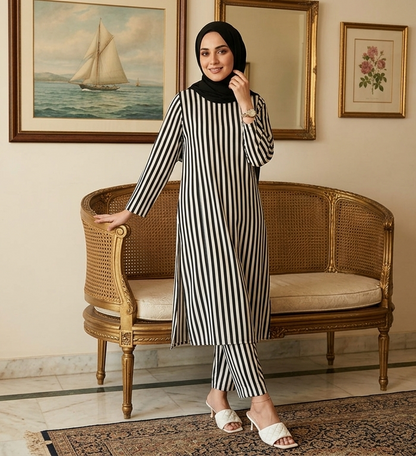 Woman in a striped outfit posing in a room with wicker furniture and framed pictures.