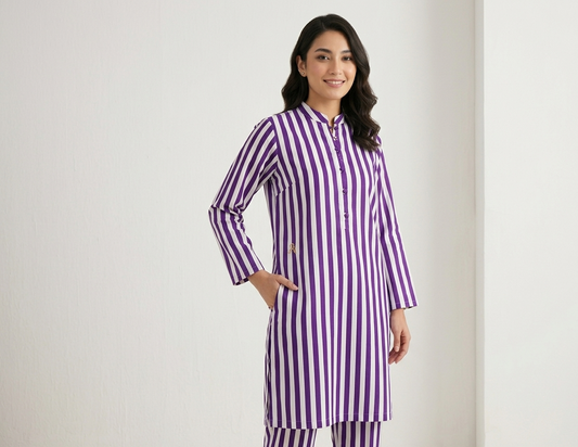 Woman wearing a purple and white striped traditional Pakistani co-ord against a plain background