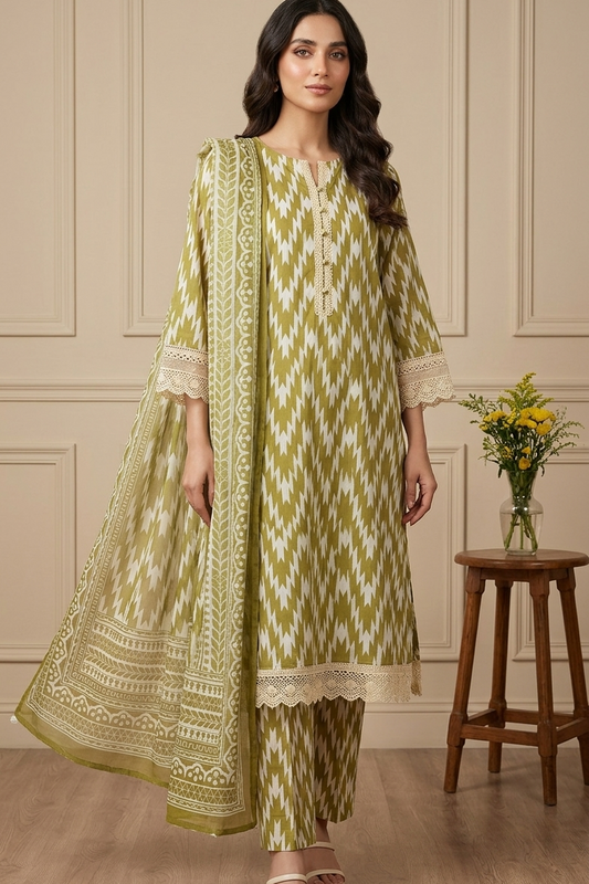 Woman wearing a green and white patterned outfit with a matching dupatta, standing in a room with wooden flooring and a vase of flowers on a small table.