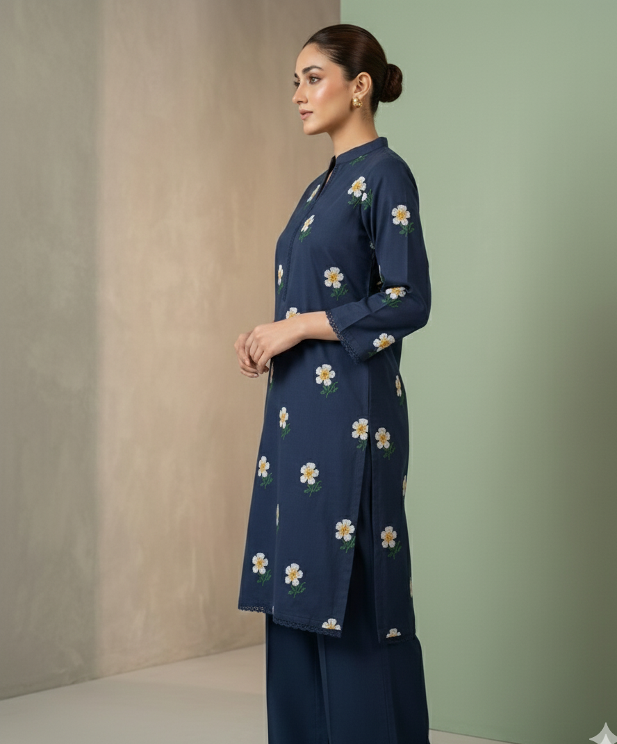 Woman wearing a navy blue outfit with floral patterns against a neutral background