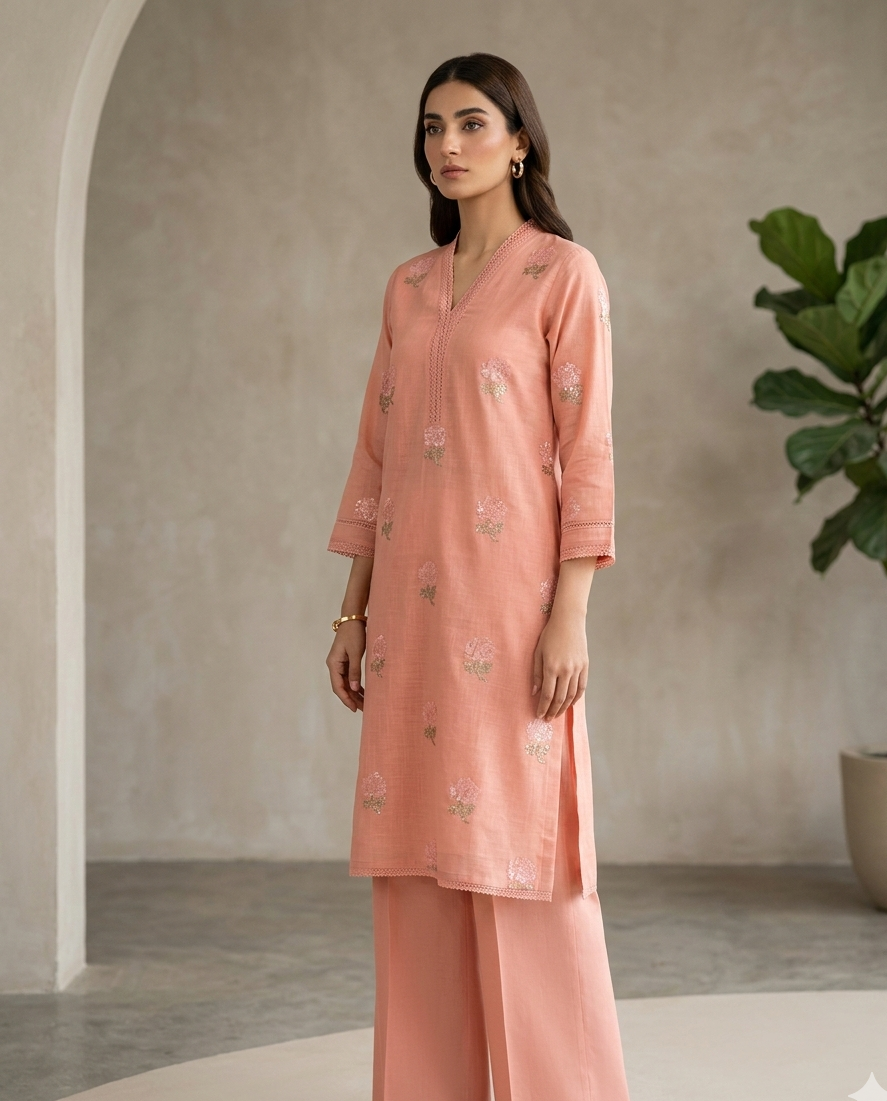 Woman wearing a peach-colored outfit with floral patterns in a minimalistic setting.