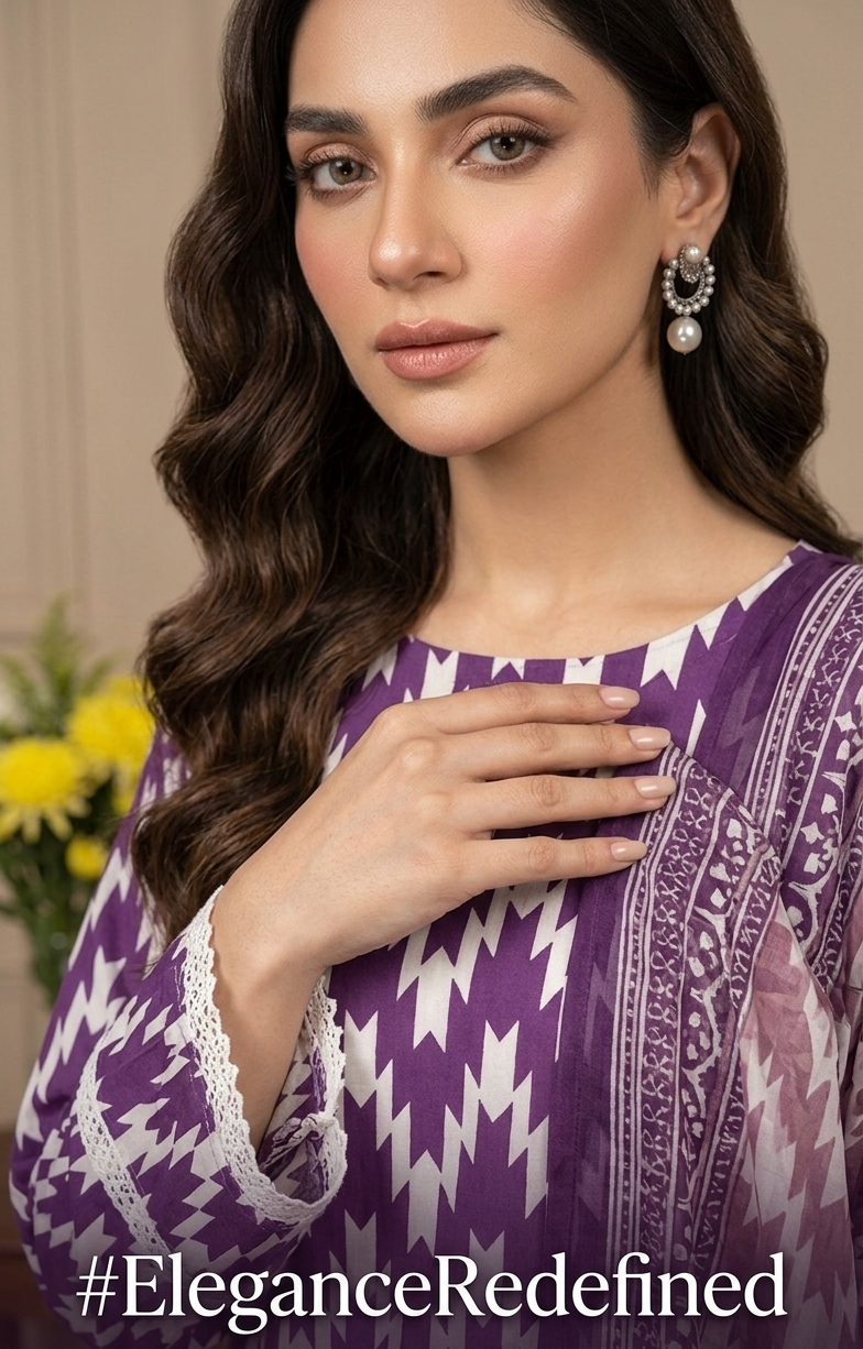 Woman wearing a purple and white patterned dress with 'Elegance Redefined' text.