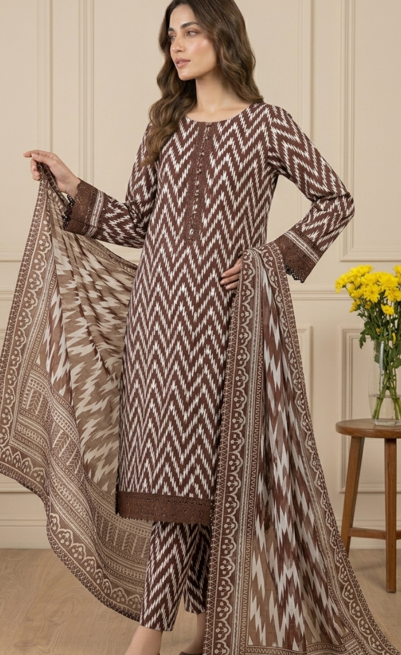 Woman wearing a patterned outfit with a matching dupatta in an indoor setting.