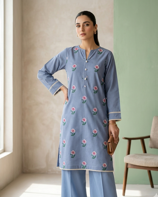 Woman wearing a blue embroidered outfit in a bright room with a chair and window.